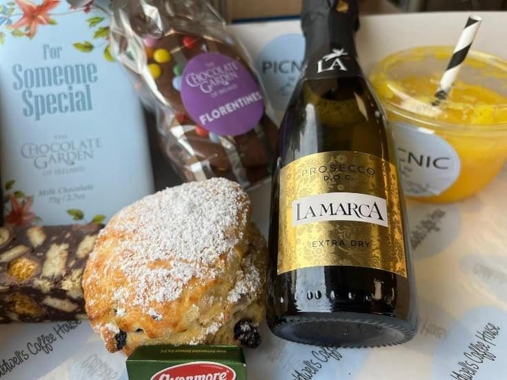 Special occasion Box at PICNIC with Prosecco Snipe, Pressed orange juice, Someone Special Chocolate Bar, Handmade scones & treats, Chocolate Florentine gift bag